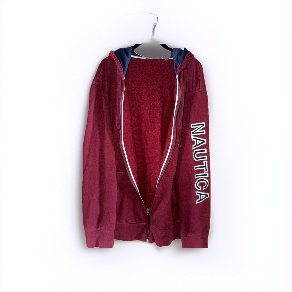 Nautica Mens XXL Full Zip Hoodie Burgundy Maroon Sleeve Logo Fleece Sweatshirt